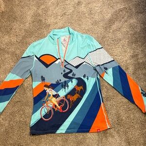 Krimson Klover Aqua and Coral Zip-Up Shirt,size Medium